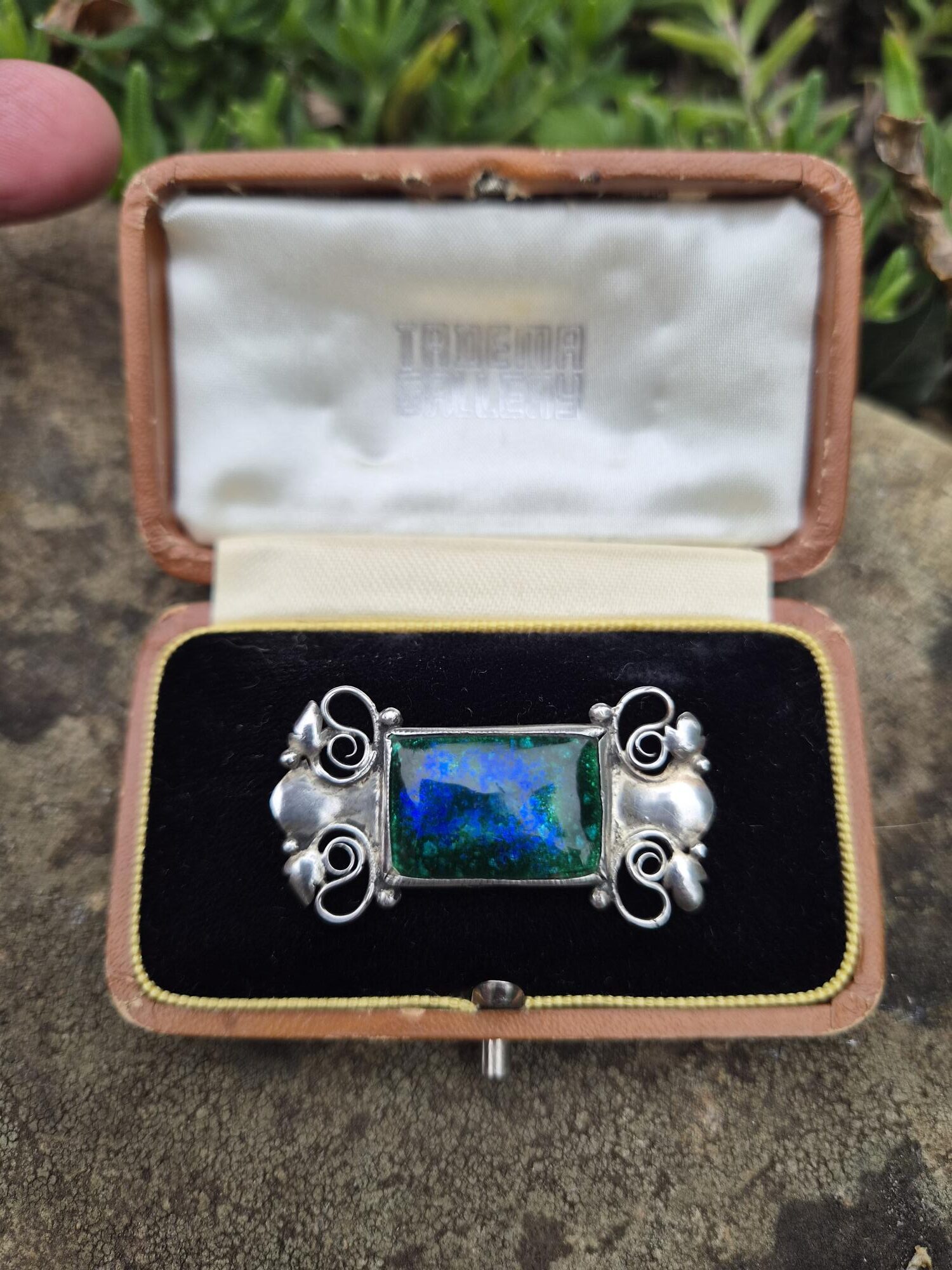 Charles Robert Ashbee for the Guild of Handicraft important enamel silver brooch c1900 in fitted Tadema Gallery box