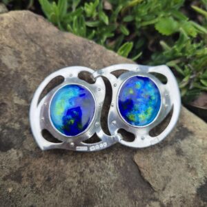 Murrle Bennett 1903 signed Arts and Crafts enamel and sterling silver buckle with faux rivets