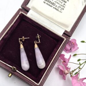 Art Deco 9ct gold and rose quartz torpedo earrings with posts - beautiful!