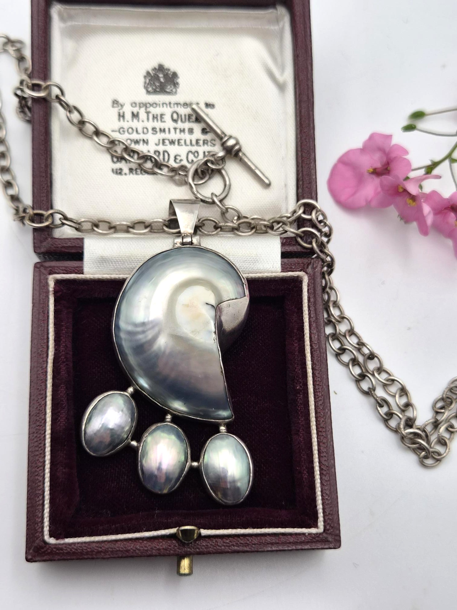 Vintage Arts and Crafts nautilus shell pendant in silver with antique chain