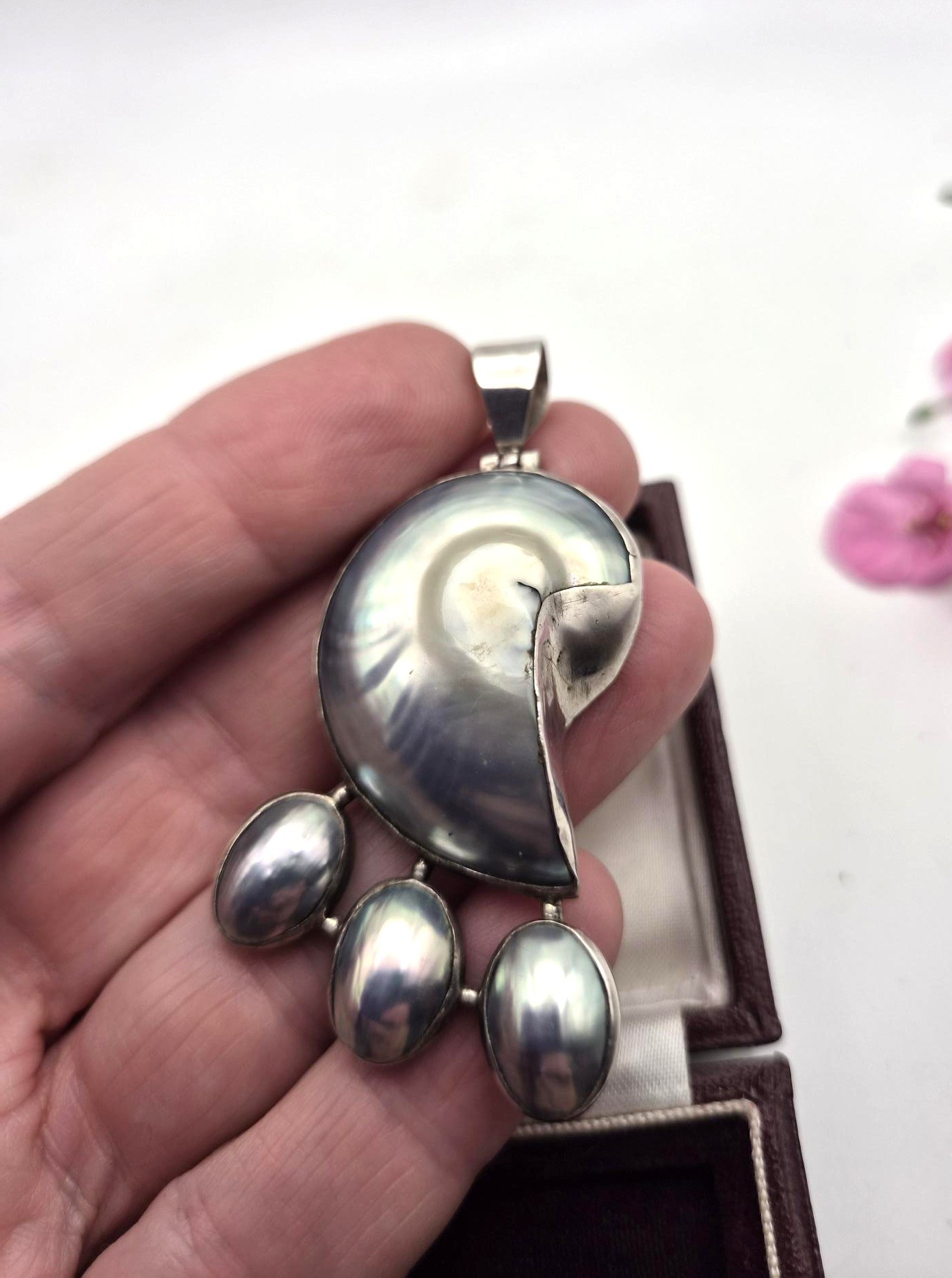 Vintage Arts and Crafts nautilus shell pendant in silver with antique chain - Image 4