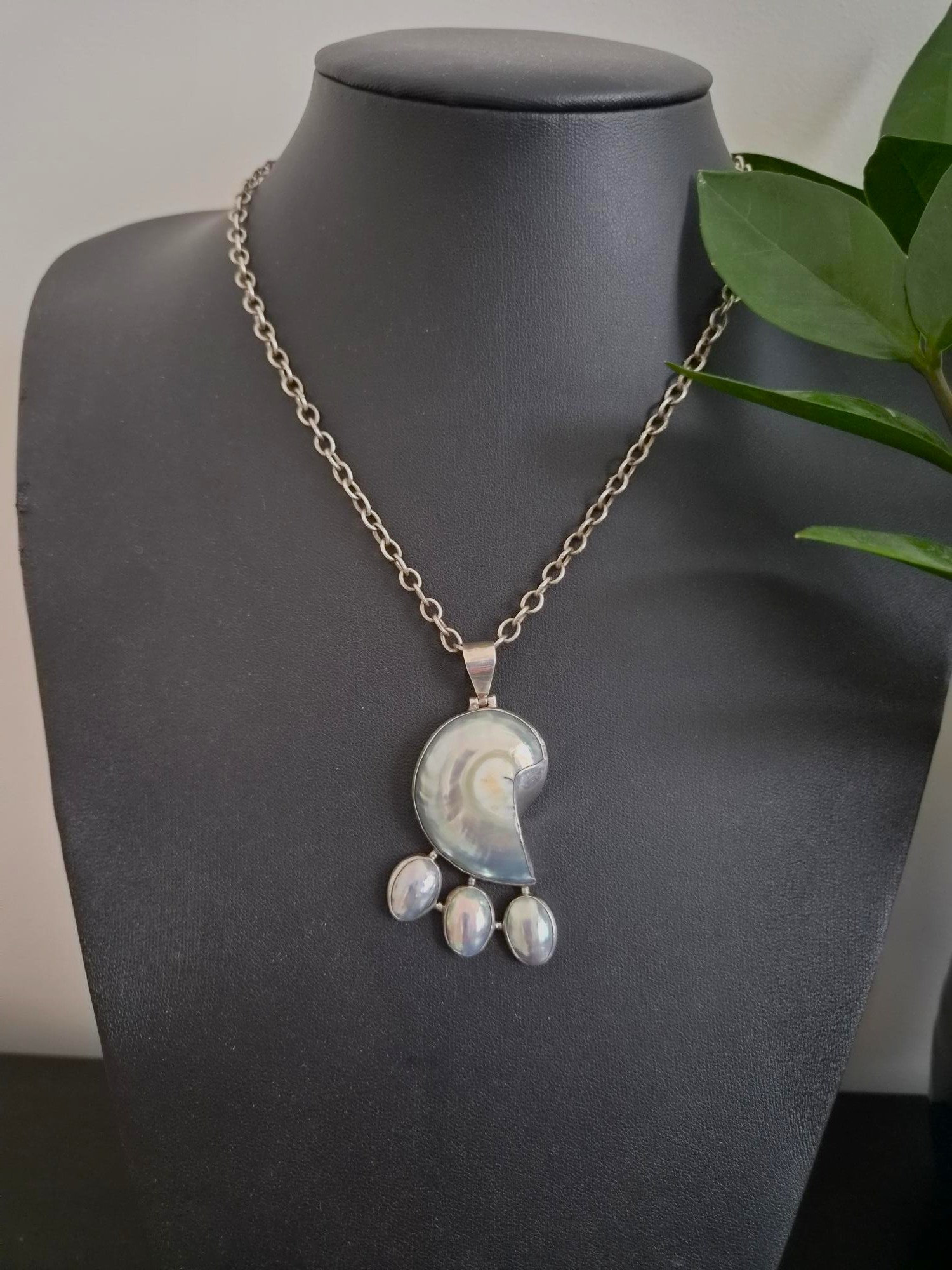 Vintage Arts and Crafts nautilus shell pendant in silver with antique chain