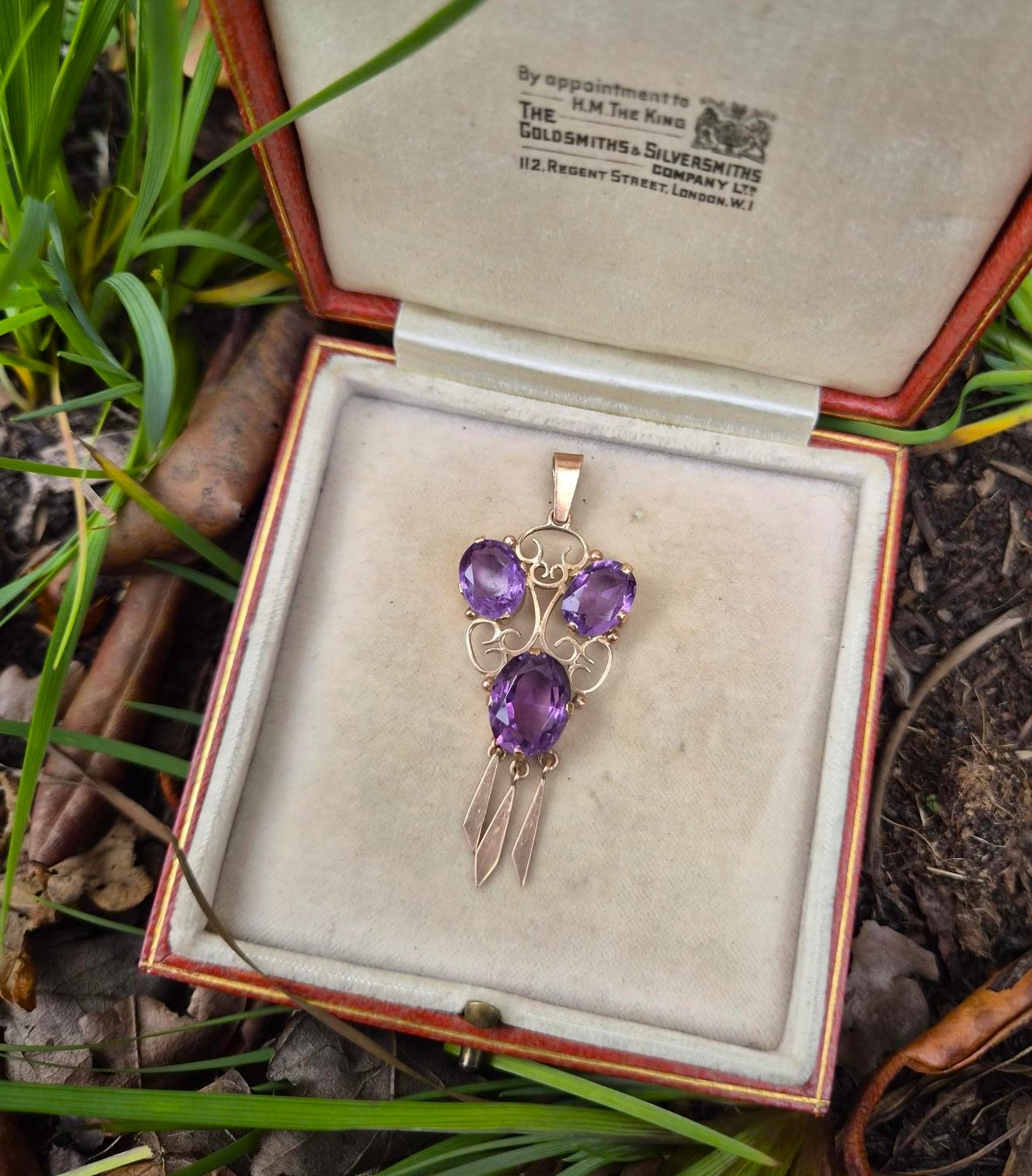 Edwardian 9ct rose gold and triple amethyst lavalier pendant c1910 - Image 4
