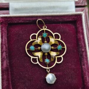 Edwardian 9ct gold, turquoise and blister pearl lavalier pendant c1910