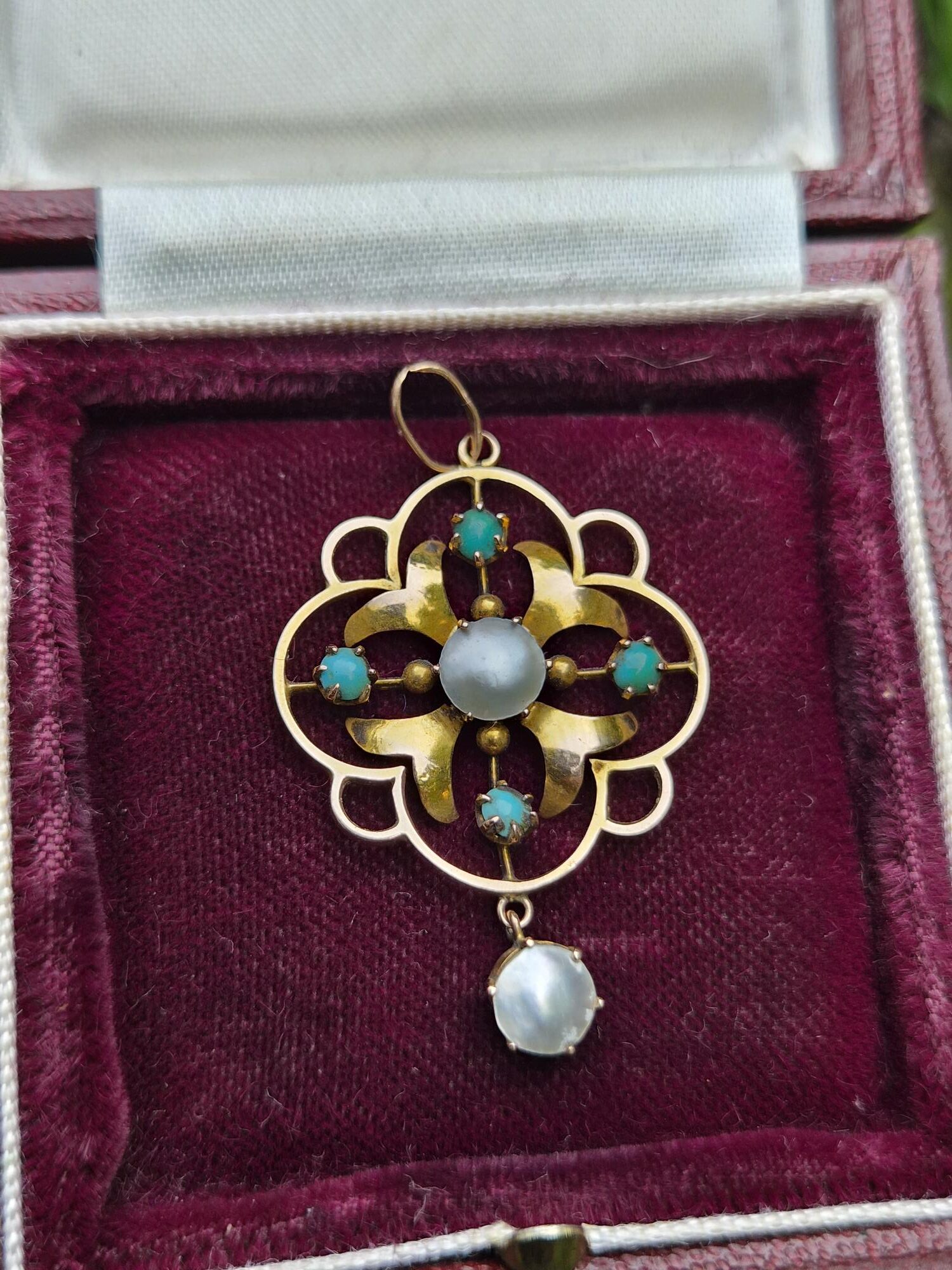 Edwardian 9ct gold, turquoise and blister pearl lavalier pendant c1910