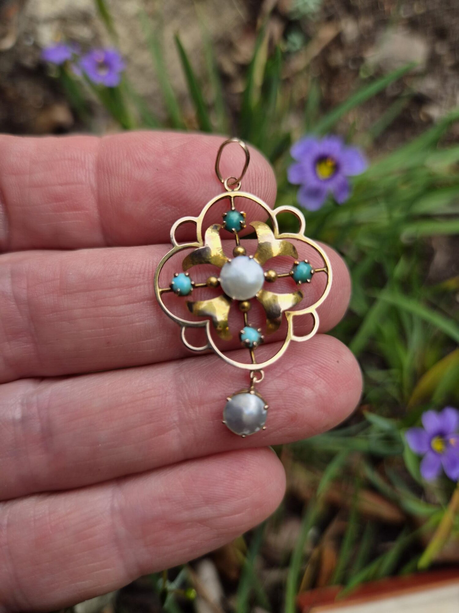 Edwardian 9ct gold, turquoise and blister pearl lavalier pendant c1910 - Image 5