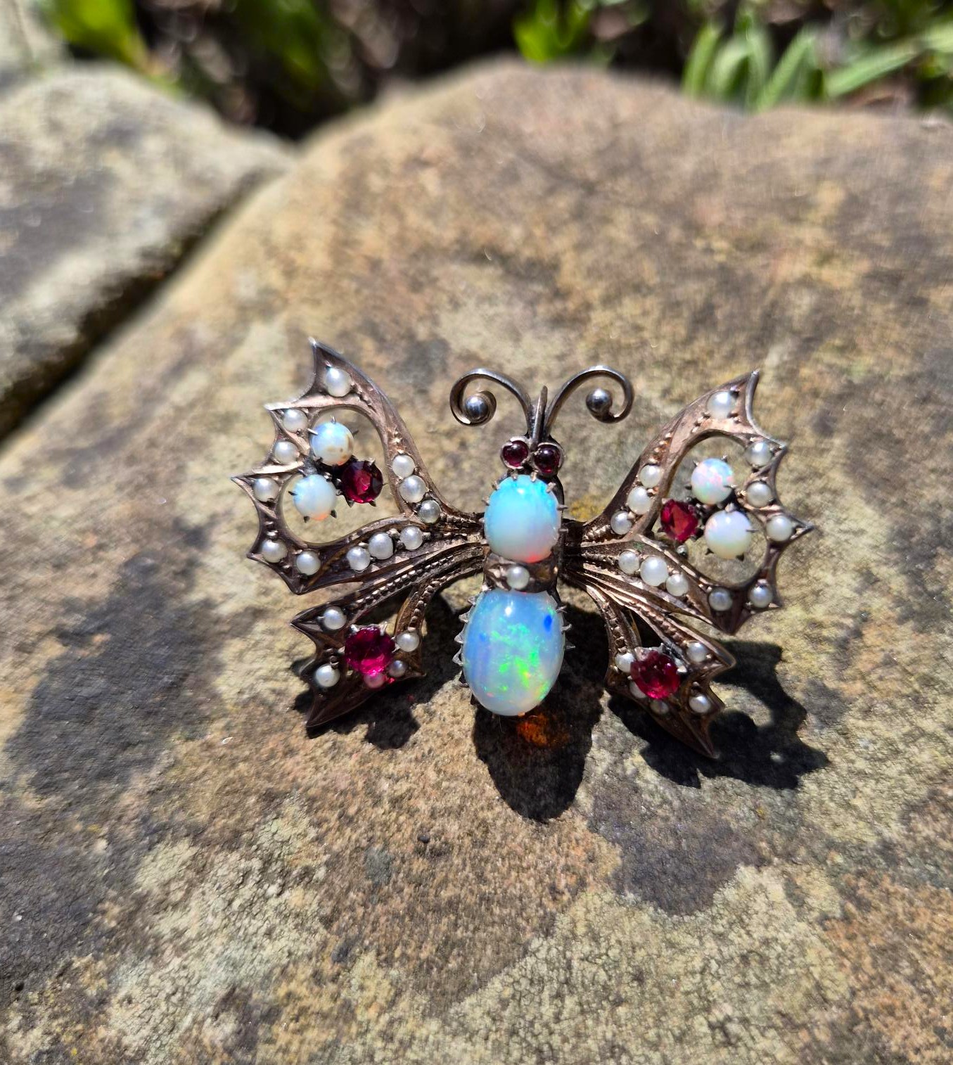 c1900 Victorian fiery opals and gilt metal butterfly brooch clip - impressive play in the opals - Image 2