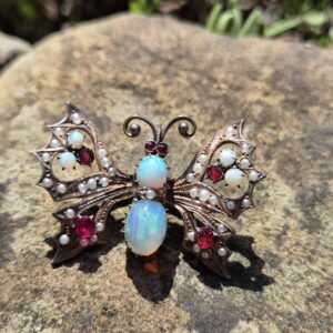 c1900 Victorian fiery opals and gilt metal butterfly brooch clip - impressive play in the opals