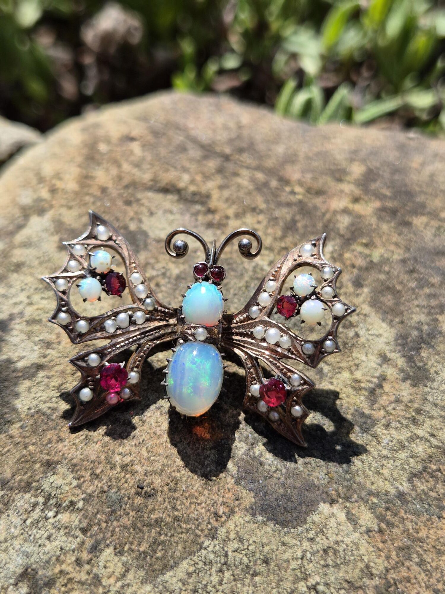 c1900 Victorian fiery opals and gilt metal butterfly brooch clip - impressive play in the opals
