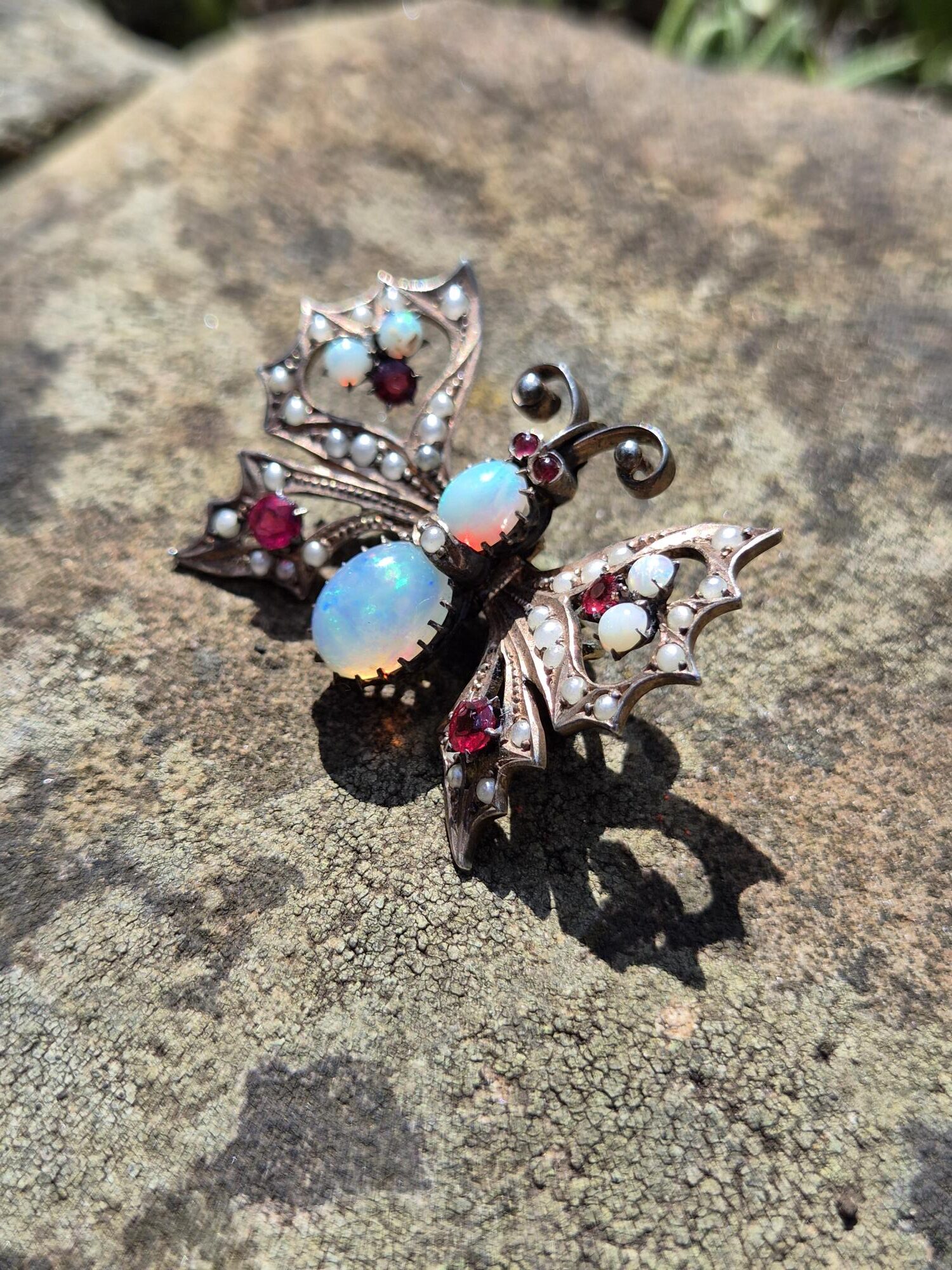 c1900 Victorian fiery opals and gilt metal butterfly brooch clip - impressive play in the opals