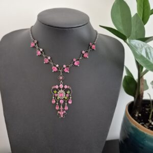 Antique Edwardian c1910 pink and green foiled paste with pearl pendant necklace