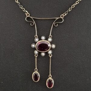 Edwardian c1910 9ct gold garnet and natural seed pearl negligee necklace