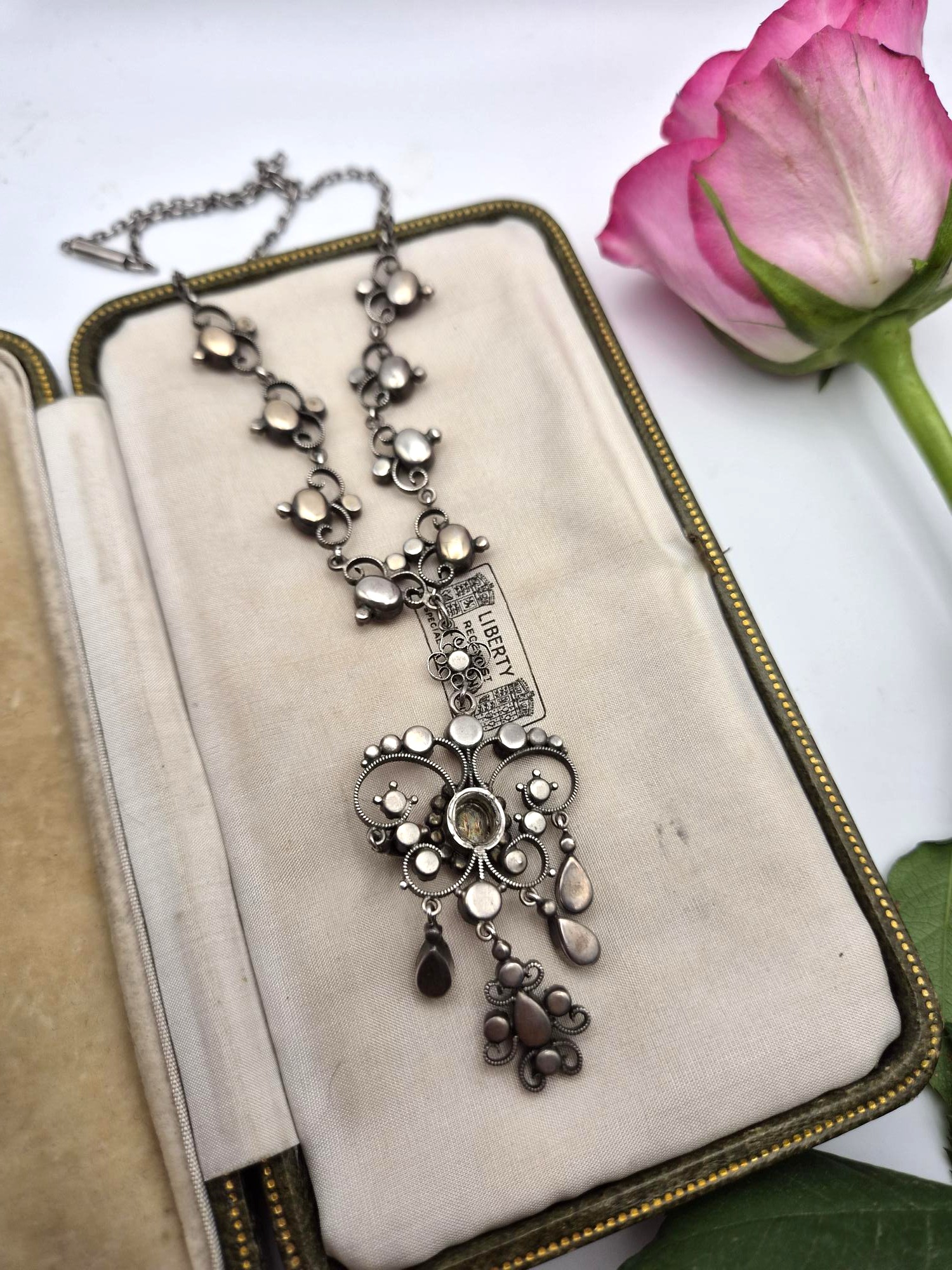 Antique Edwardian c1910 pink and green foiled paste with pearl pendant necklace