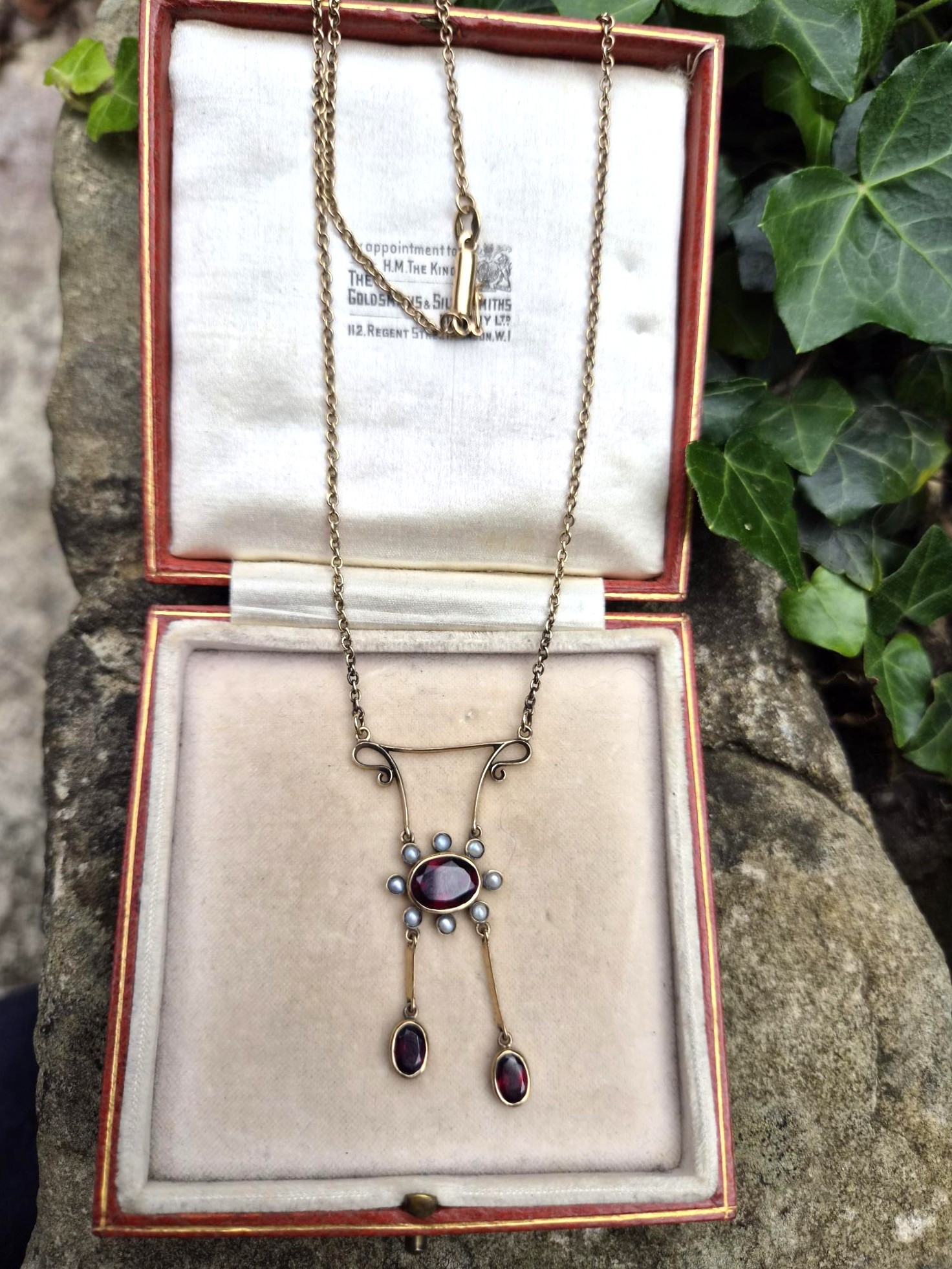 Edwardian c1910 9ct gold garnet and natural seed pearl negligee necklace - Image 5