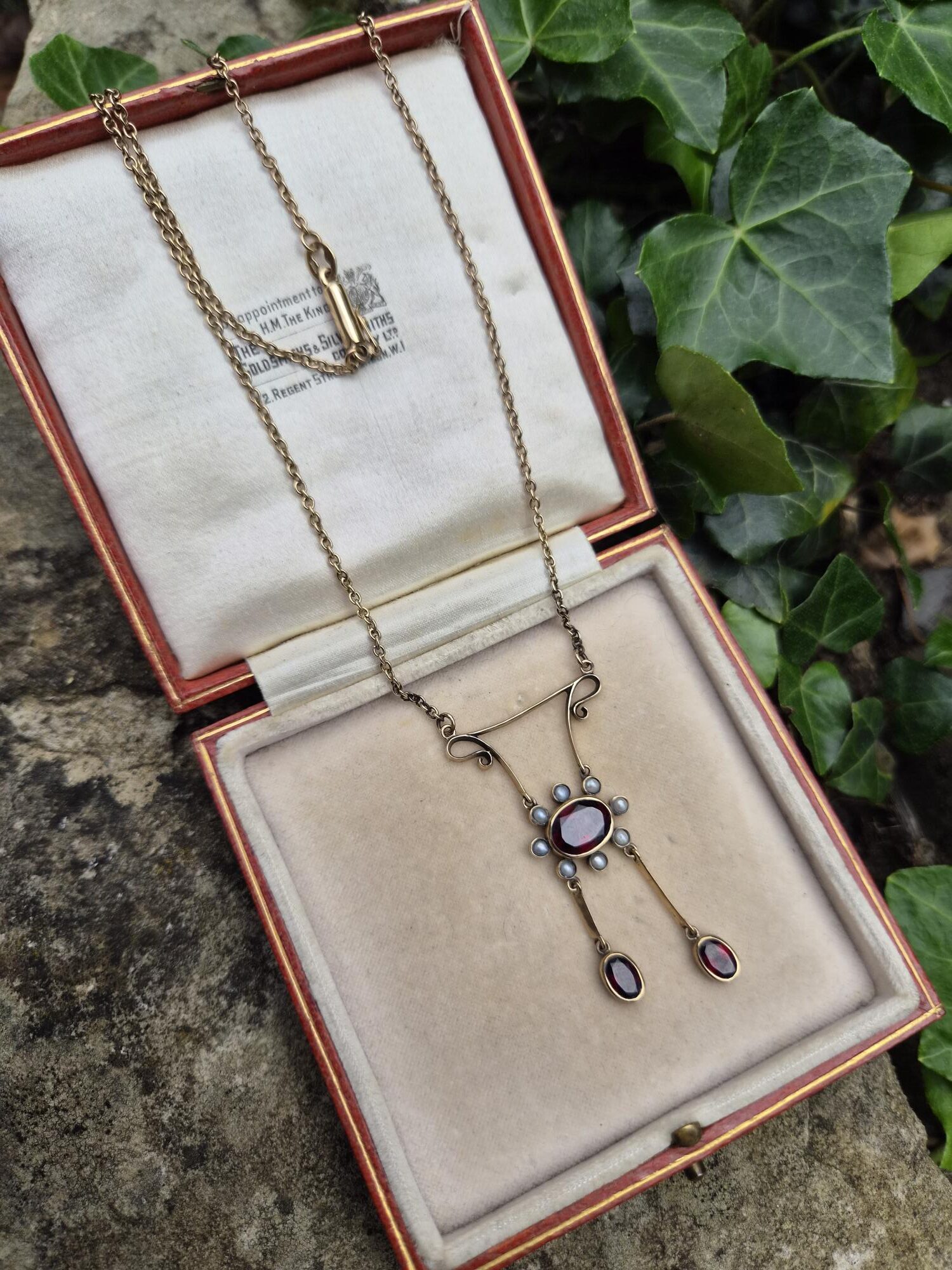 Edwardian c1910 9ct gold garnet and natural seed pearl negligee necklace - Image 6