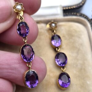 c1910 Edwardian 9ct gold and triple Siberian amethyst drop earrings with tiny pearl flower