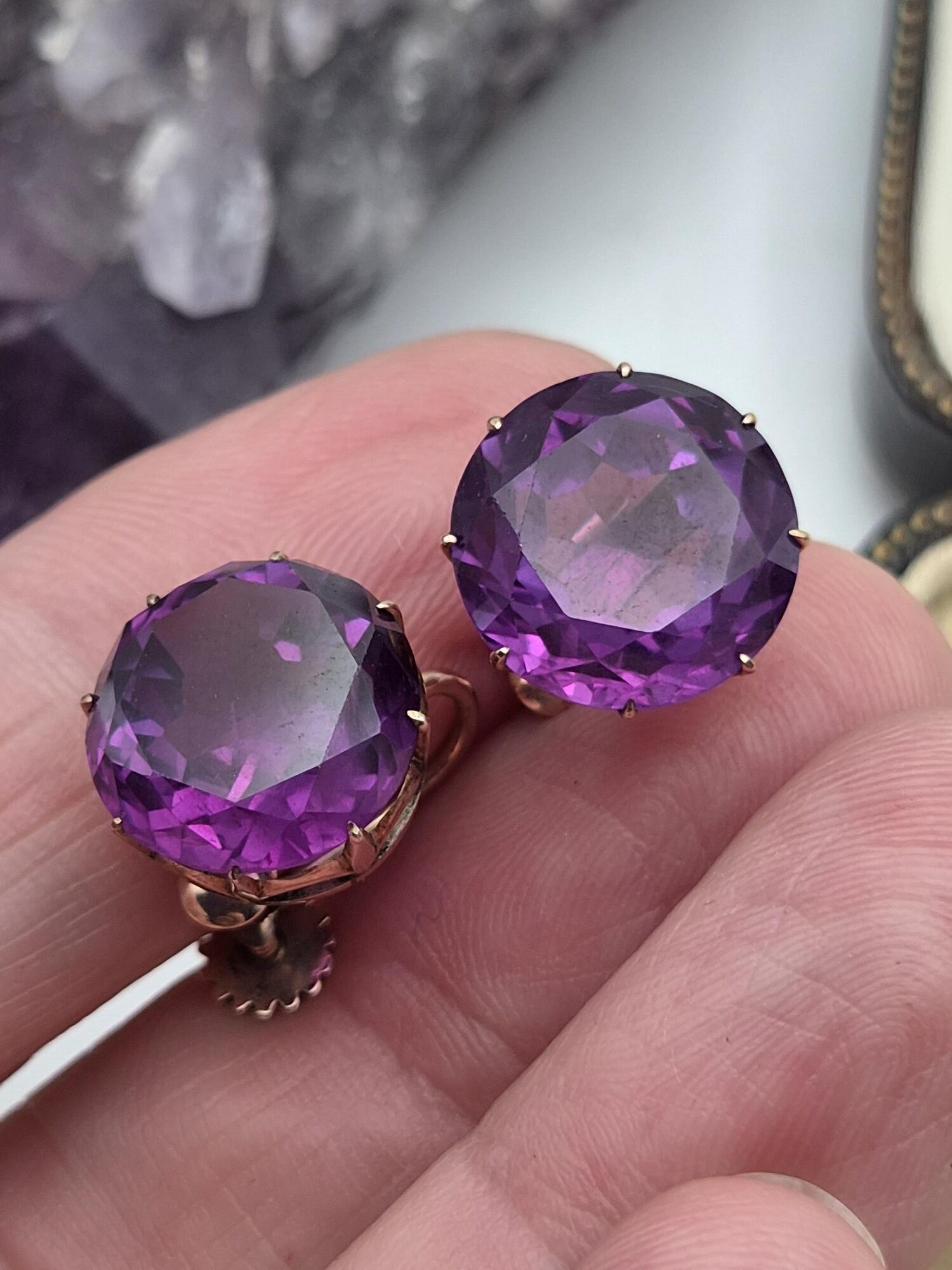 Edwardian synthetic Alexandrite and 9ct gold earrings c1910 exquisite!