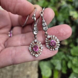Edwardian sparkling pink and clear pastes drop earrings in silver c1910