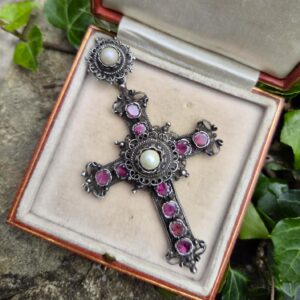 1800s Austro Hungarian flat cut garnets and faux pearl statement cross pendant