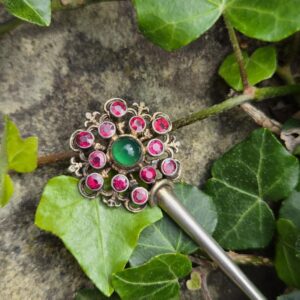 Hermann Böhm, Vienna signed 1800s garnets and chrysoprase brooch in silver and gold