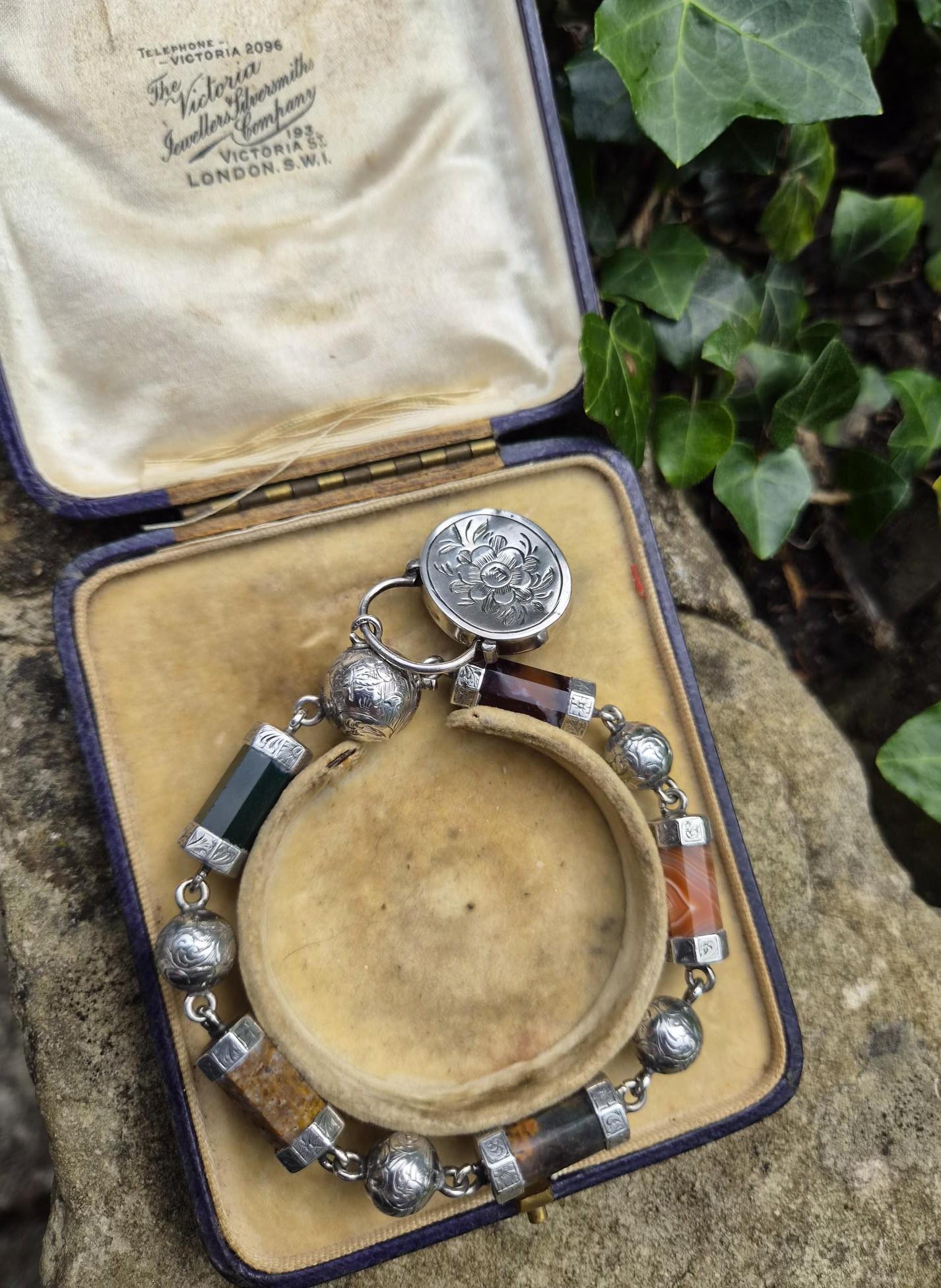 Antique Victorian silver chased balls and agate barrels bracelet 1800s