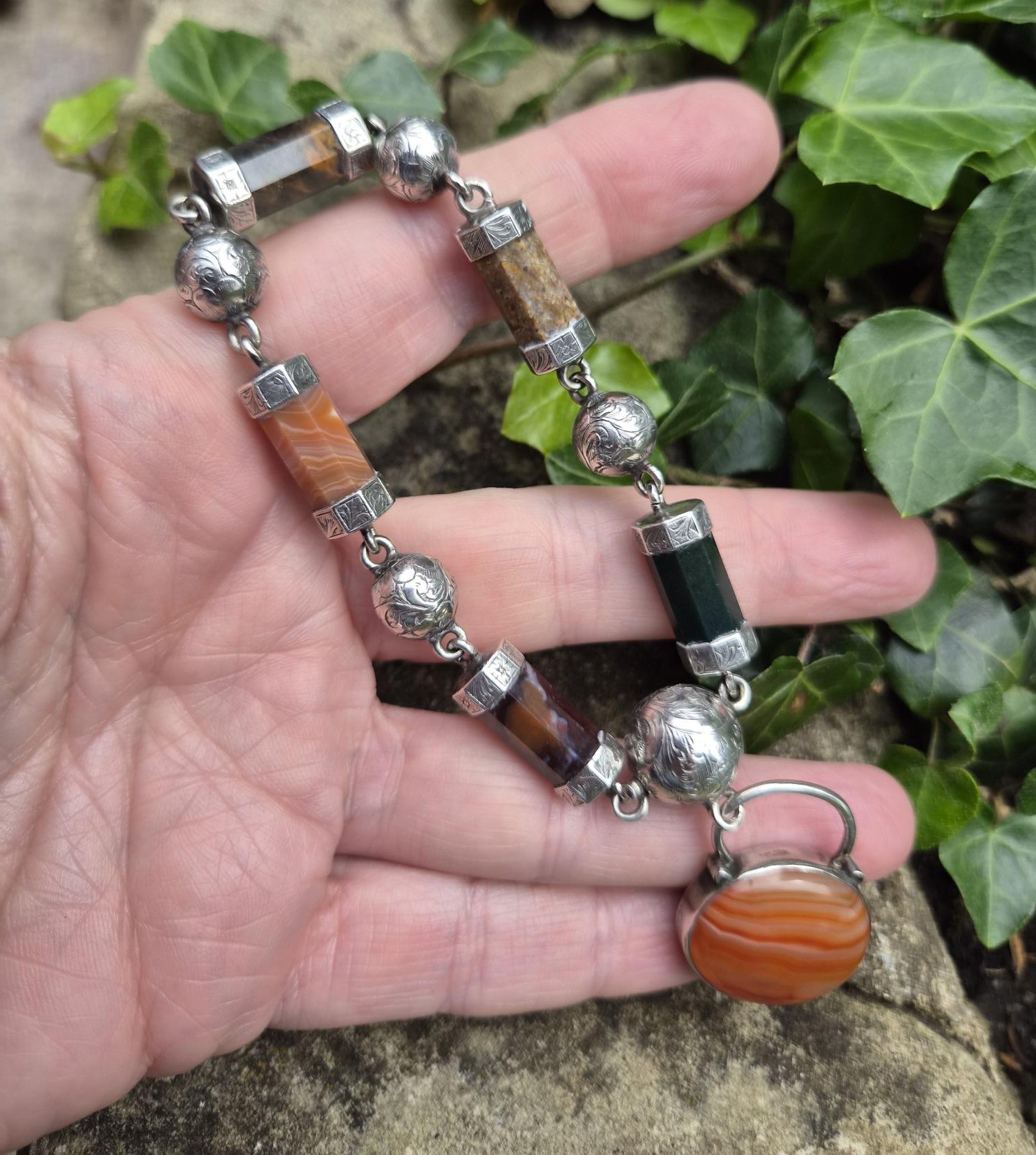 Antique Victorian silver chased balls and agate barrels bracelet 1800s