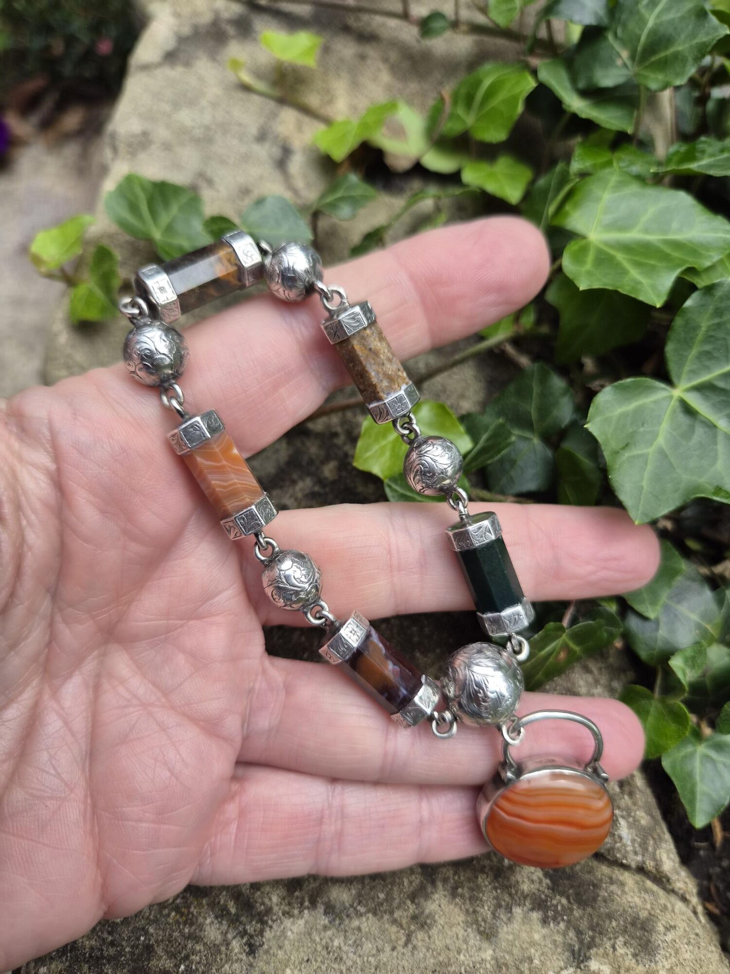 Antique Victorian silver chased balls and agate barrels bracelet 1800s - Image 4