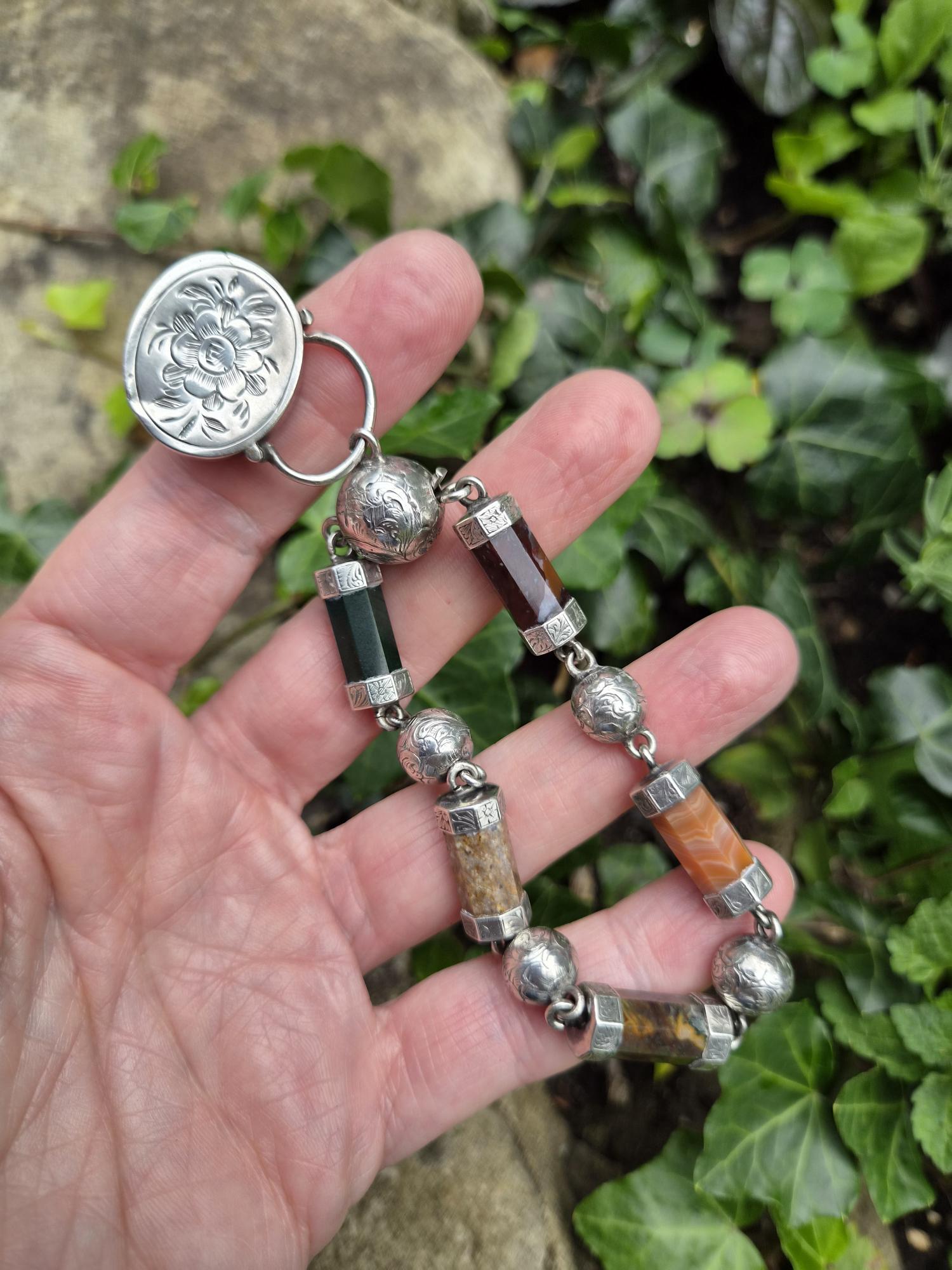 Antique Victorian silver chased balls and agate barrels bracelet 1800s - Image 7