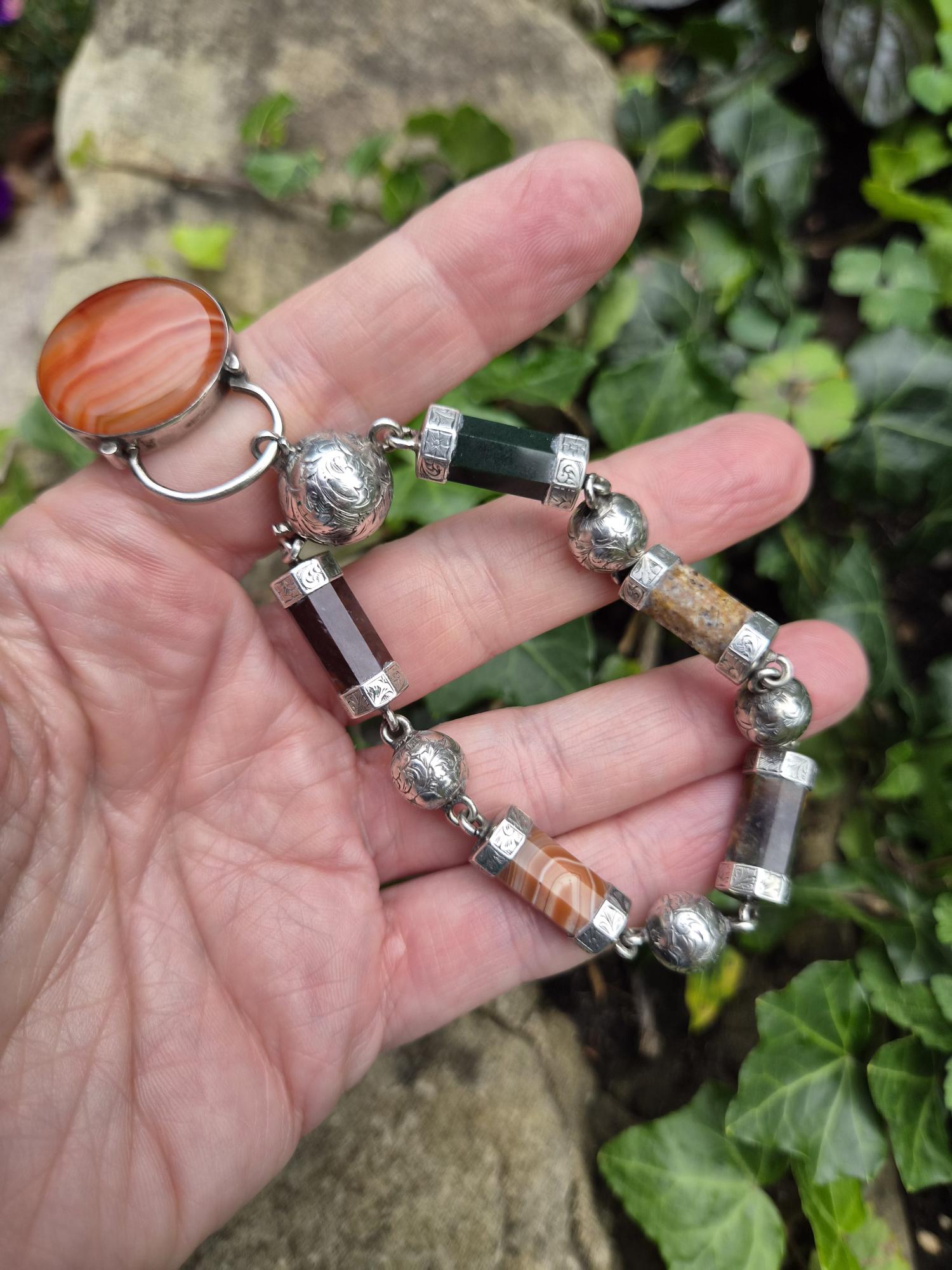 Antique Victorian silver chased balls and agate barrels bracelet 1800s - Image 6