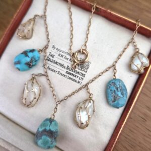 Antique 15ct gold necklace with caged pearls and turquoise, c1900 Art Nouveau