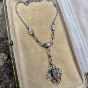 c1900 Liberty & Co William Hair Haseler Arts and Crafts drop pendant necklace with blue moonstones and gold details