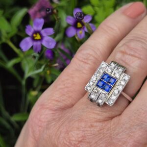 c1930 fine antique geometric diamonds and cornflower blue sapphires ring in 18ct white gold