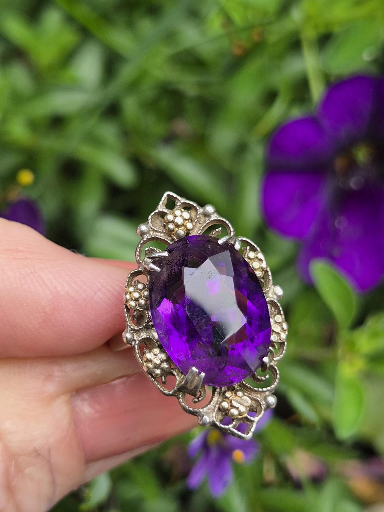 Reserved for T ***rare early Bernard Instone silver and gold Arts and Crafts book piece ring with striking amethyst - Image 2