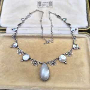c1900 Arts and Crafts hand crafted silver and mother of pearl necklace with toggle fastener