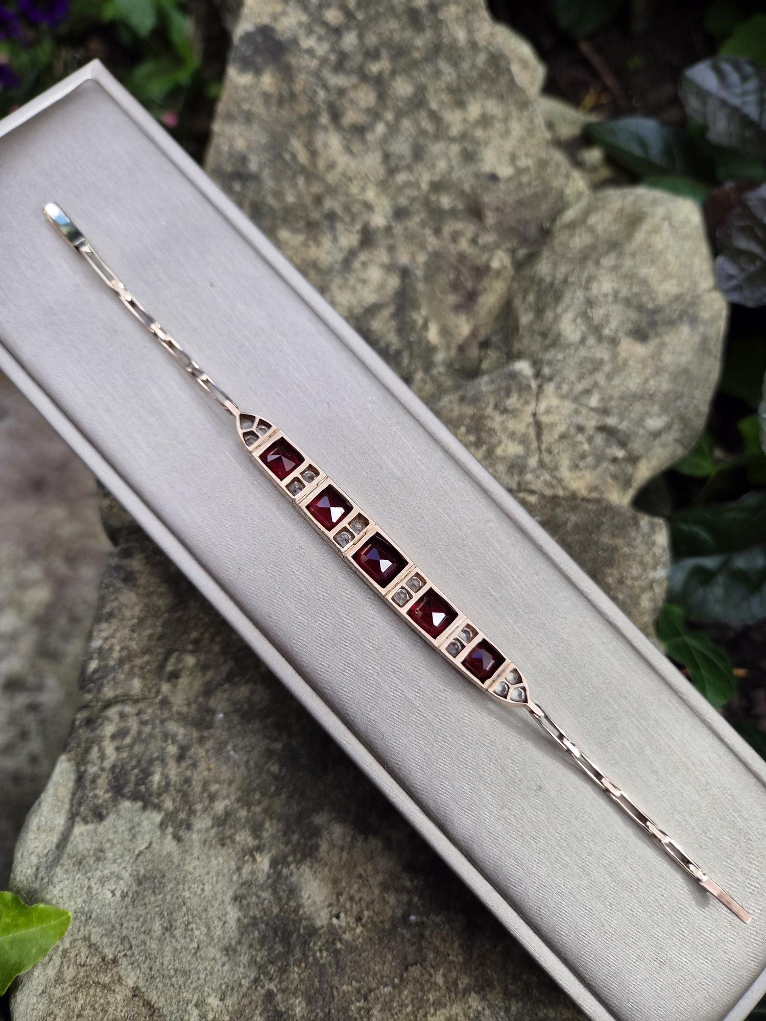 Antique Edwardian 9ct gold "blood pigeon" garnets and white sapphires bracelet - sensational!
