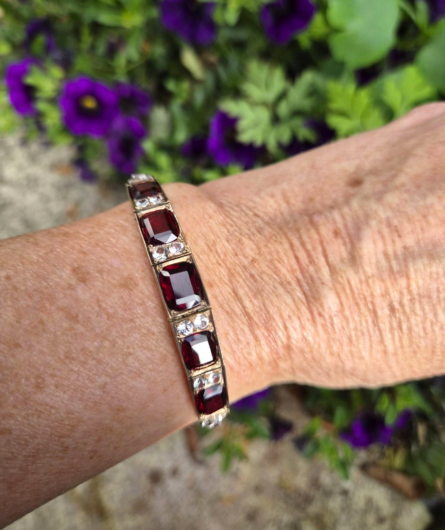 Antique Edwardian 9ct gold "blood pigeon" garnets and white sapphires bracelet - sensational! - Image 5