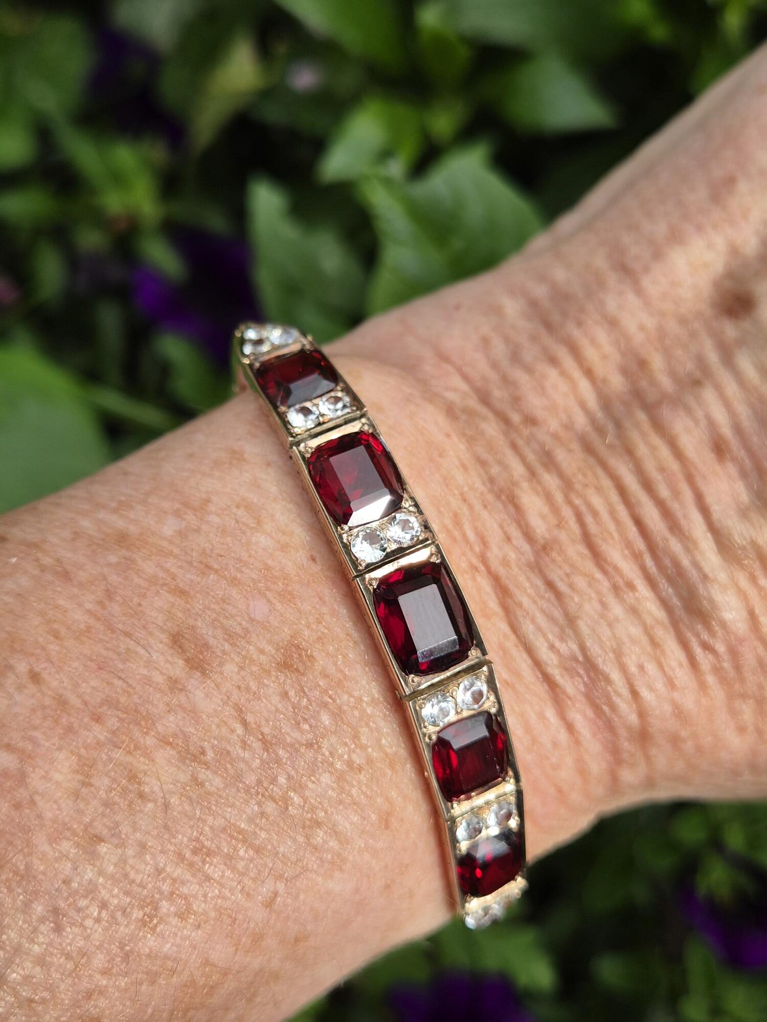 Antique Edwardian 9ct gold "blood pigeon" garnets and white sapphires bracelet - sensational!