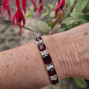 Antique Edwardian 9ct gold "blood pigeon" garnets and white sapphires bracelet - sensational!