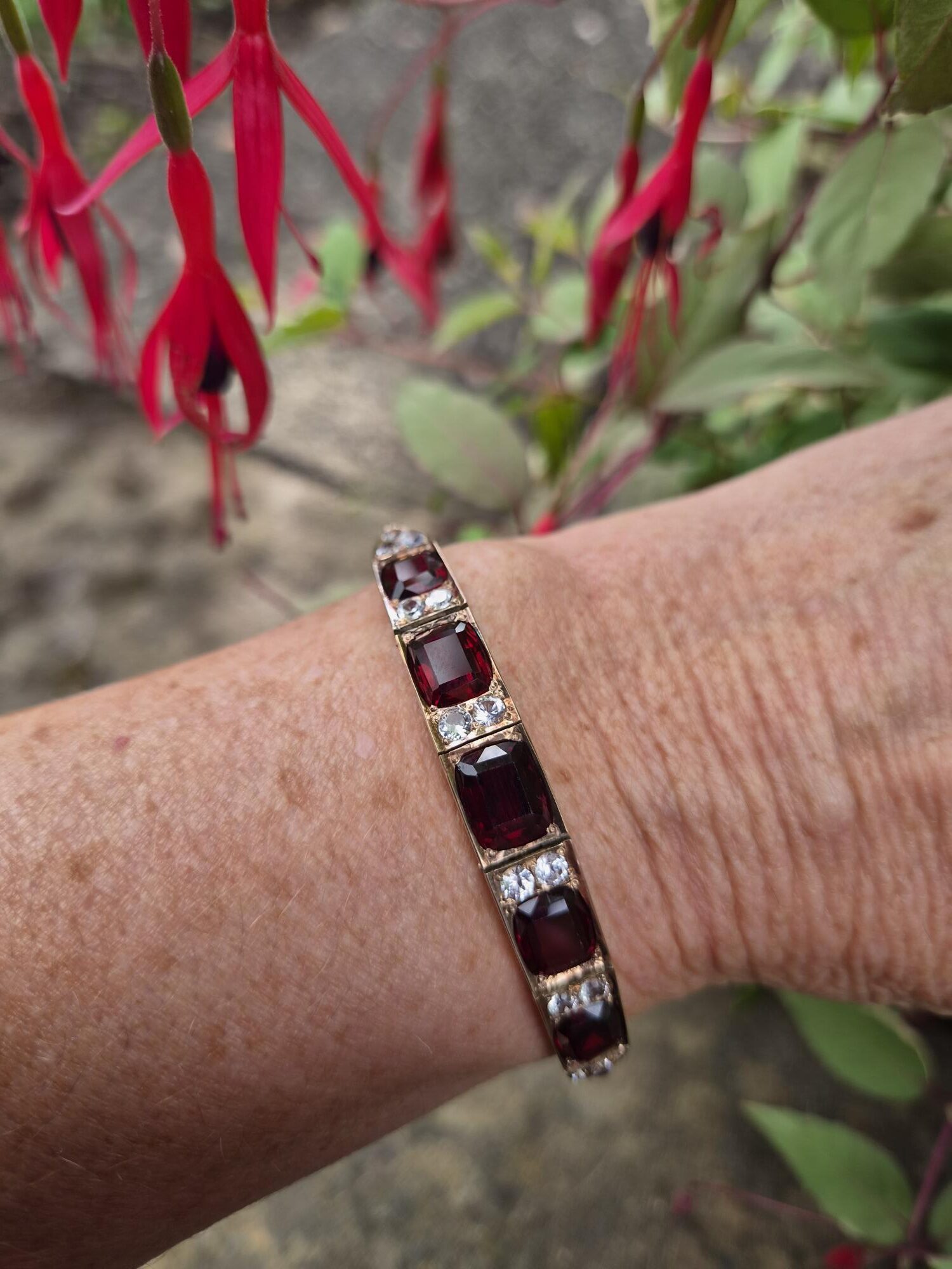 Antique Edwardian 9ct gold "blood pigeon" garnets and white sapphires bracelet - sensational!