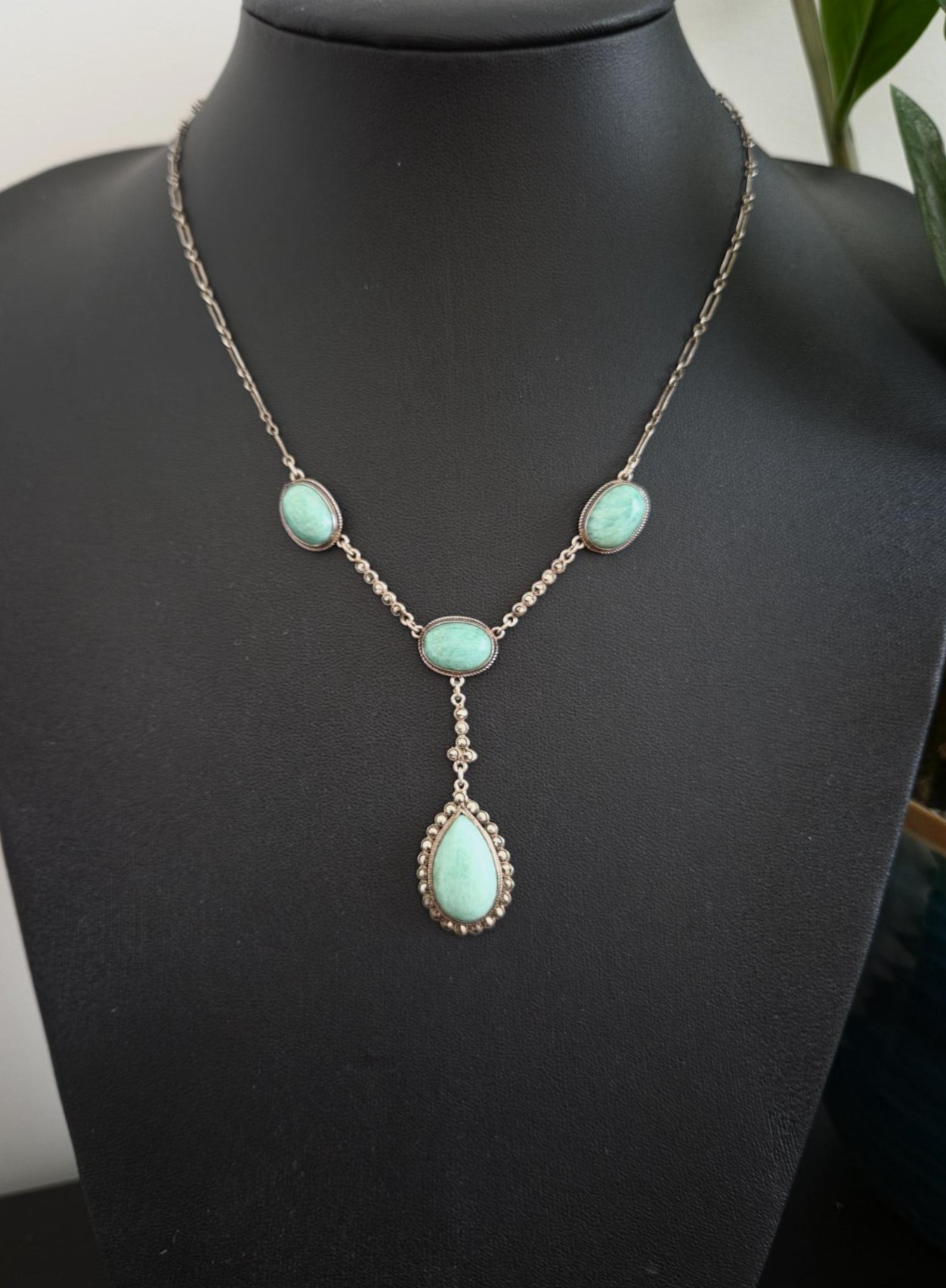 c1930 Art Deco drop pendant necklace with beautiful amazonite and marcasite