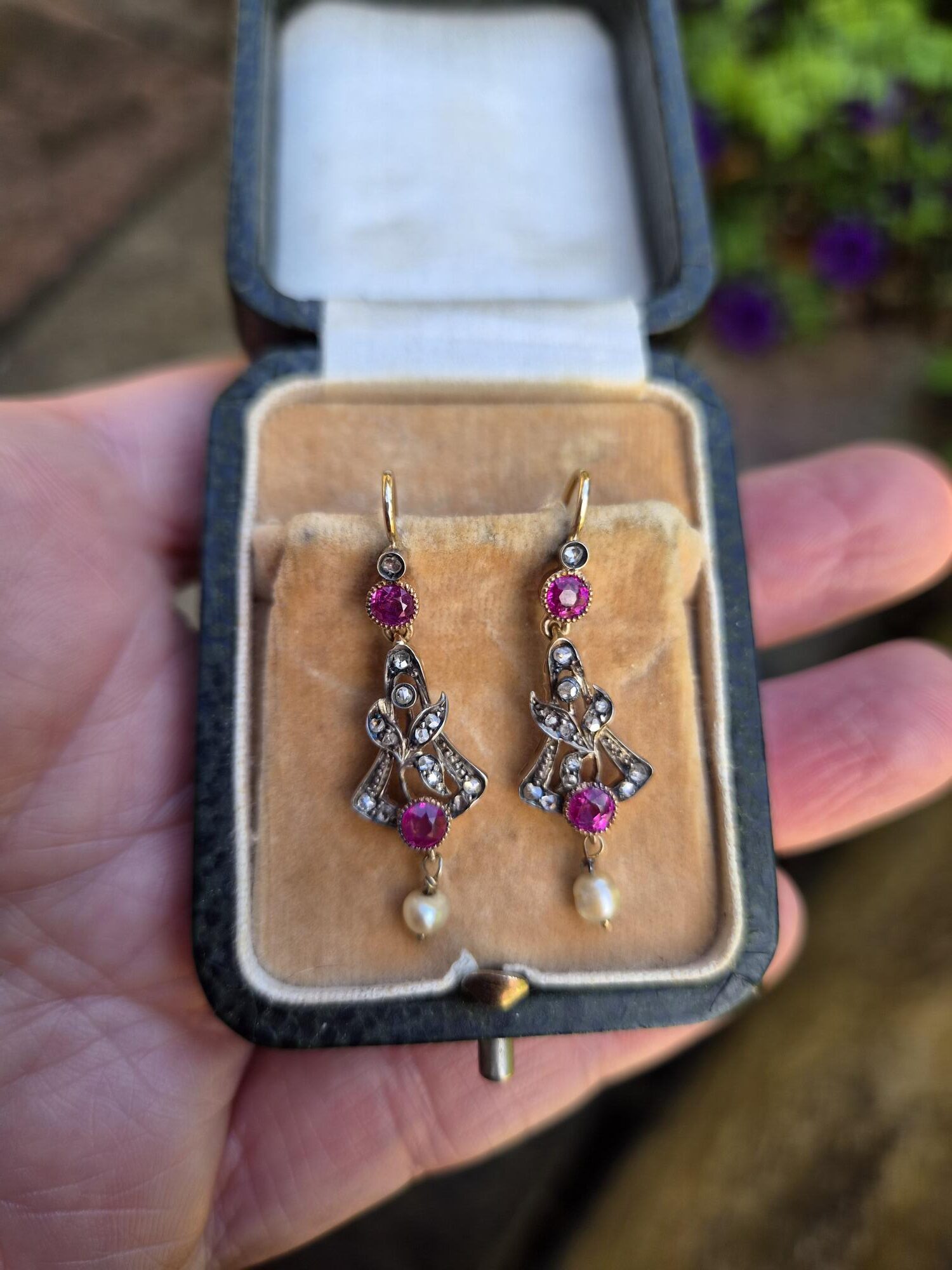 Antique Russian 14ct gold ruby, diamond and pearls earrings in their antique leather box - Image 3
