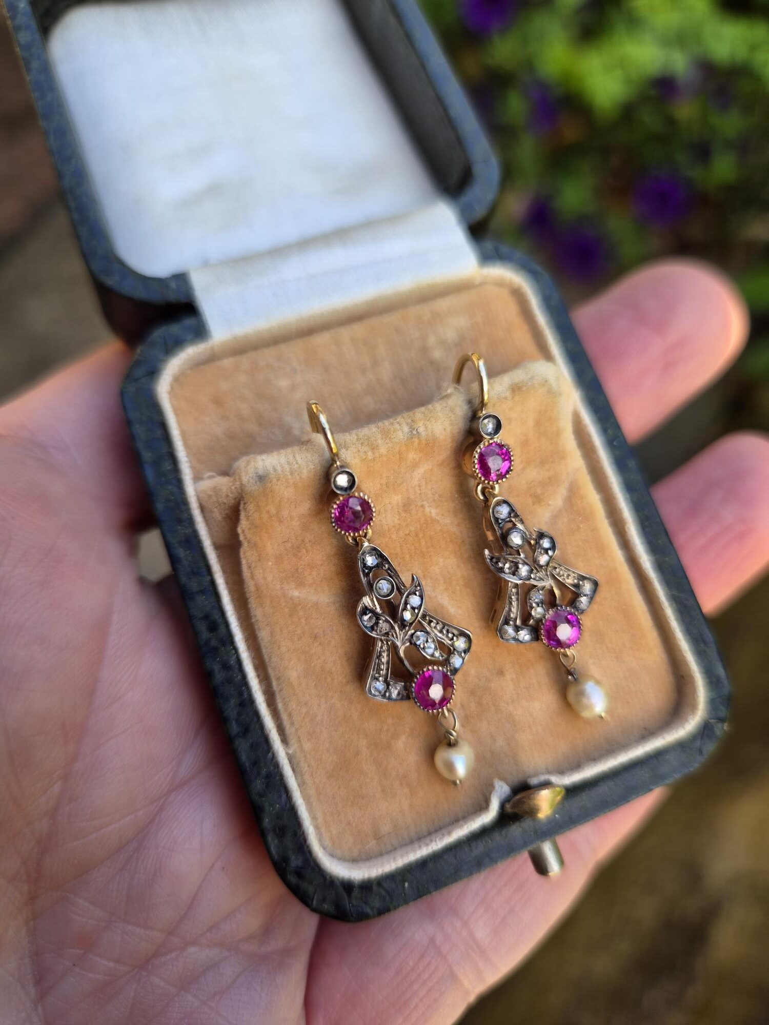 Antique Russian 14ct gold ruby, diamond and pearls earrings in their antique leather box - Image 2