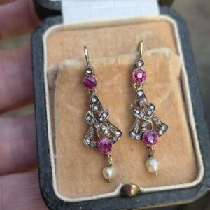 Antique Russian 14ct gold ruby, diamond and pearls earrings in their antique leather box