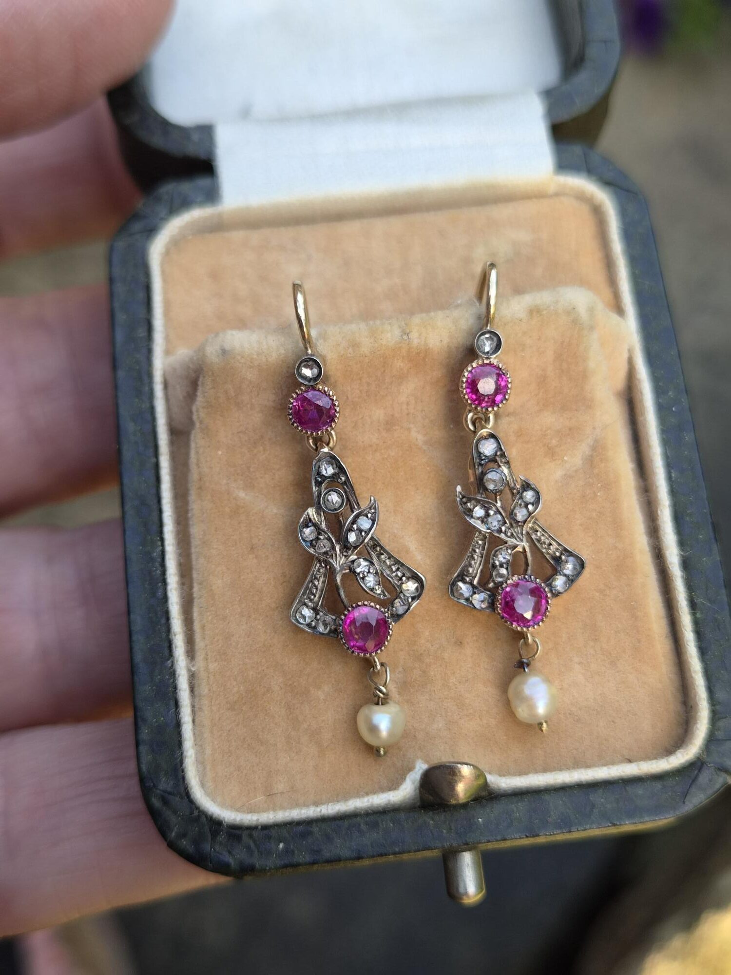 Antique Russian 14ct gold ruby, diamond and pearls earrings in their antique leather box