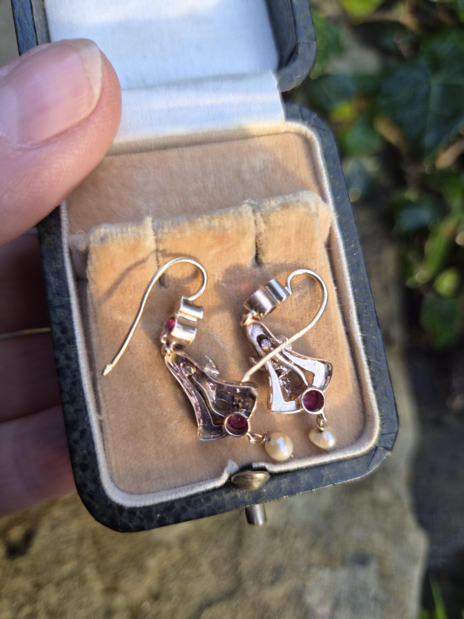 Antique Russian 14ct gold ruby, diamond and pearls earrings in their antique leather box - Image 7
