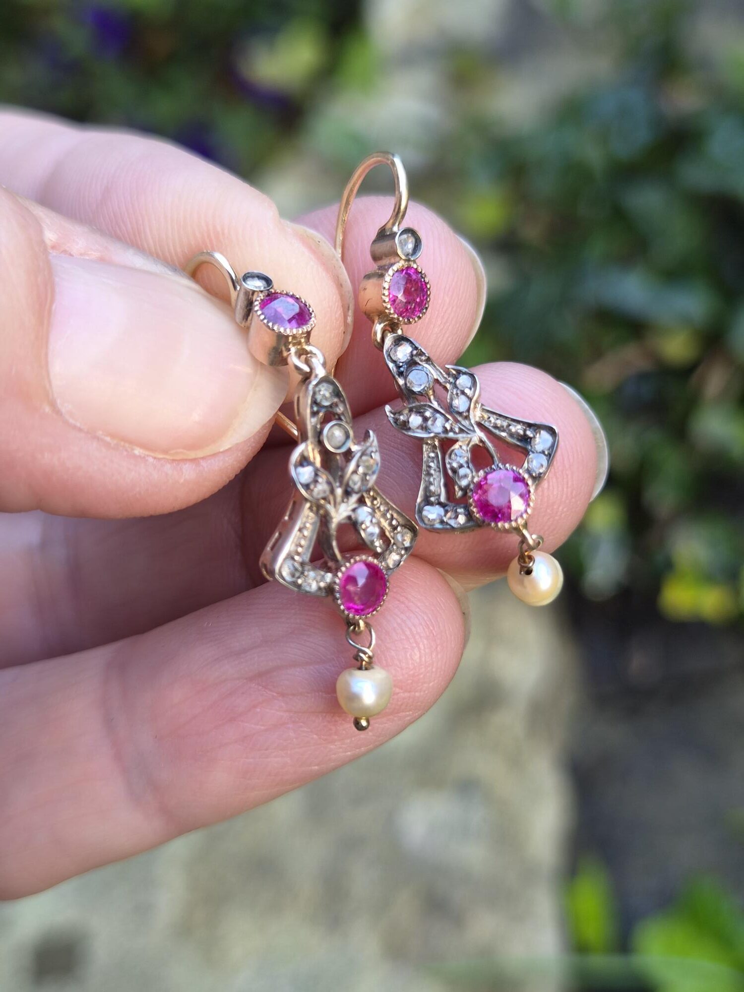Antique Russian 14ct gold ruby, diamond and pearls earrings in their antique leather box - Image 4