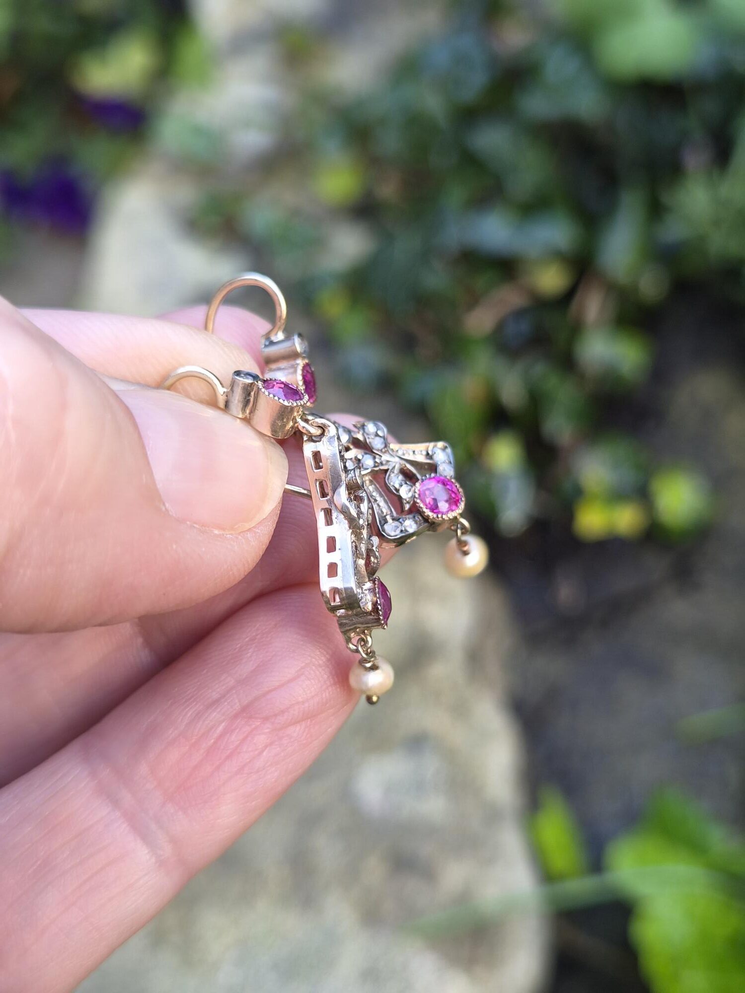 Antique Russian 14ct gold ruby, diamond and pearls earrings in their antique leather box - Image 6