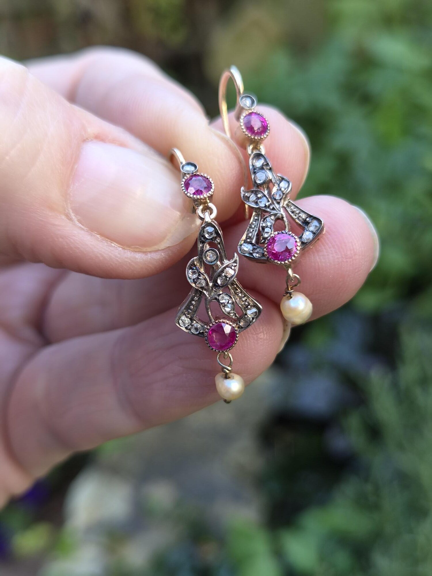 Antique Russian 14ct gold ruby, diamond and pearls earrings in their antique leather box - Image 5