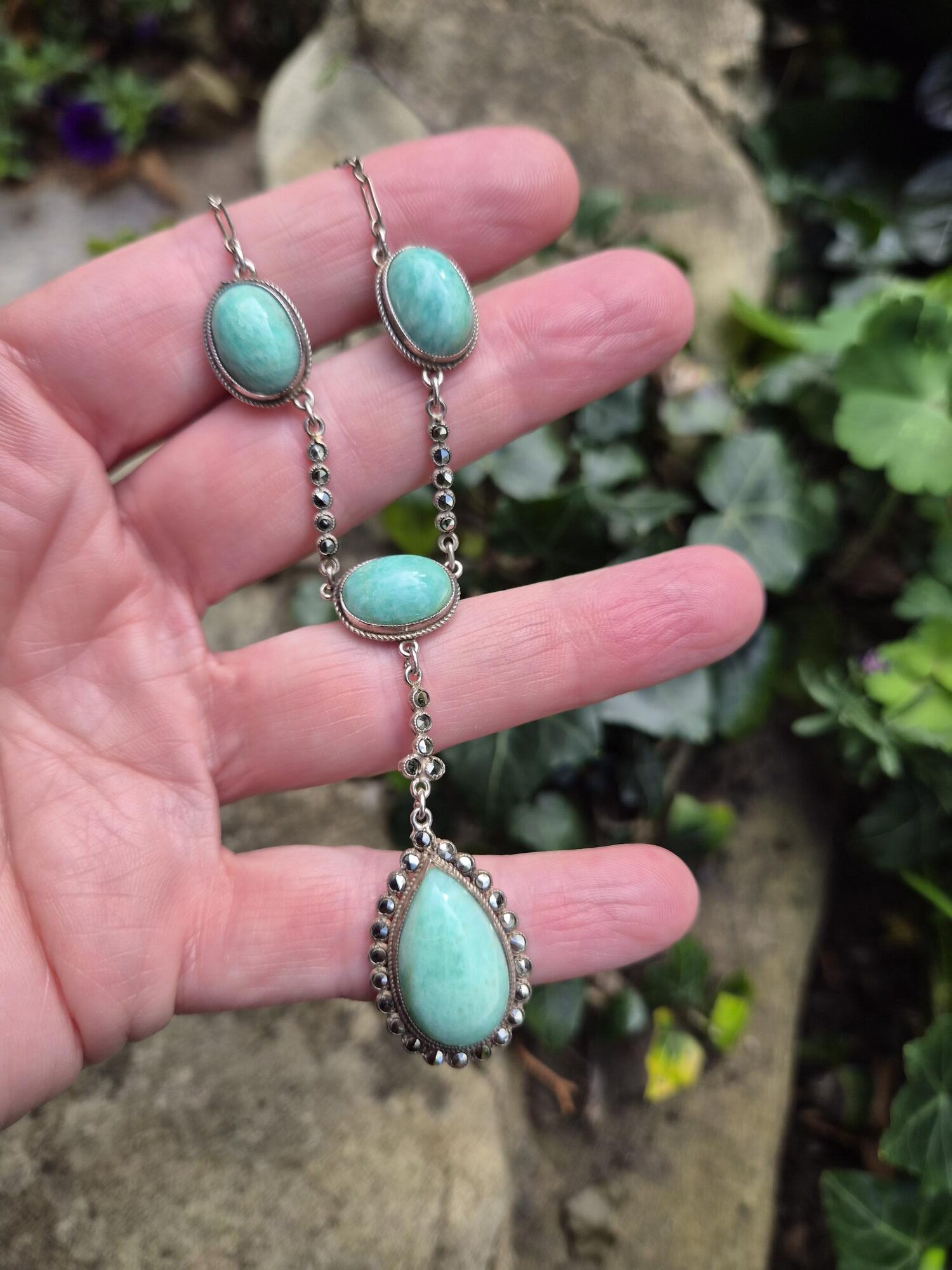 c1930 Art Deco drop pendant necklace with beautiful amazonite and marcasite - Image 4