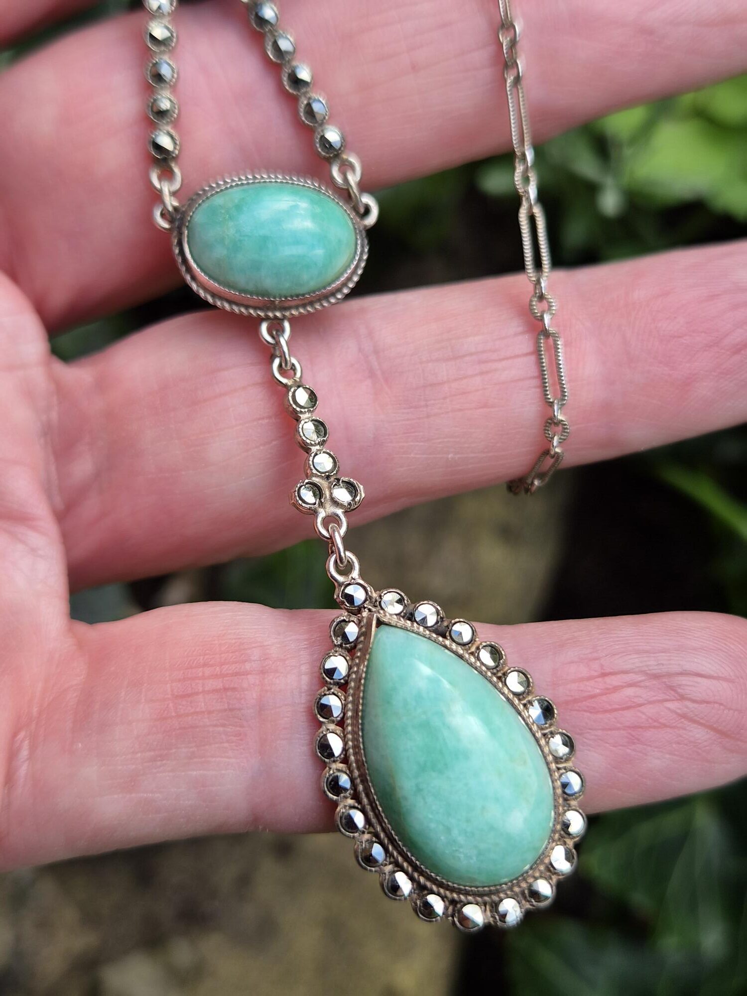 c1930 Art Deco drop pendant necklace with beautiful amazonite and marcasite - Image 5